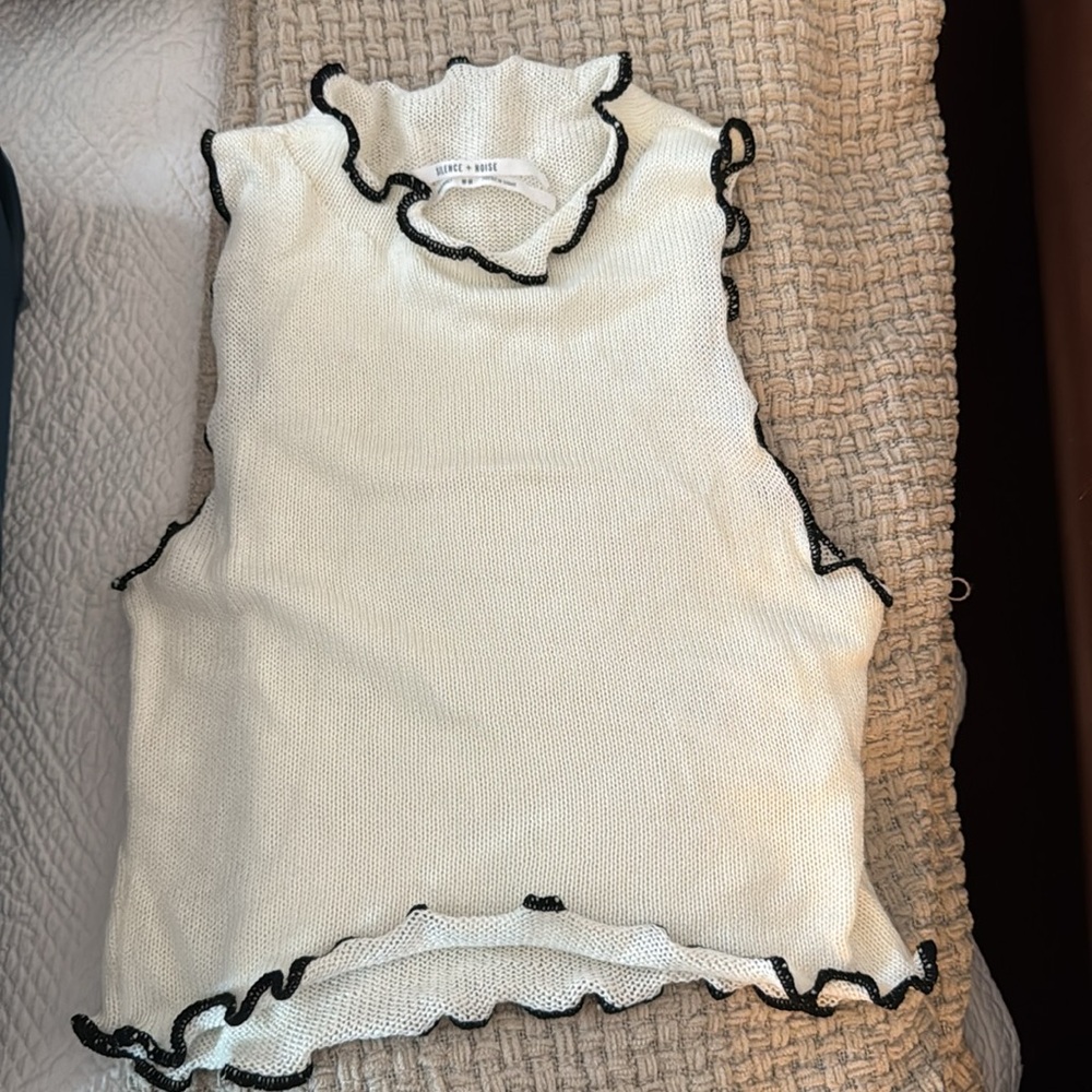 Silence + Noise White Ruffled knit tank with Black Trim